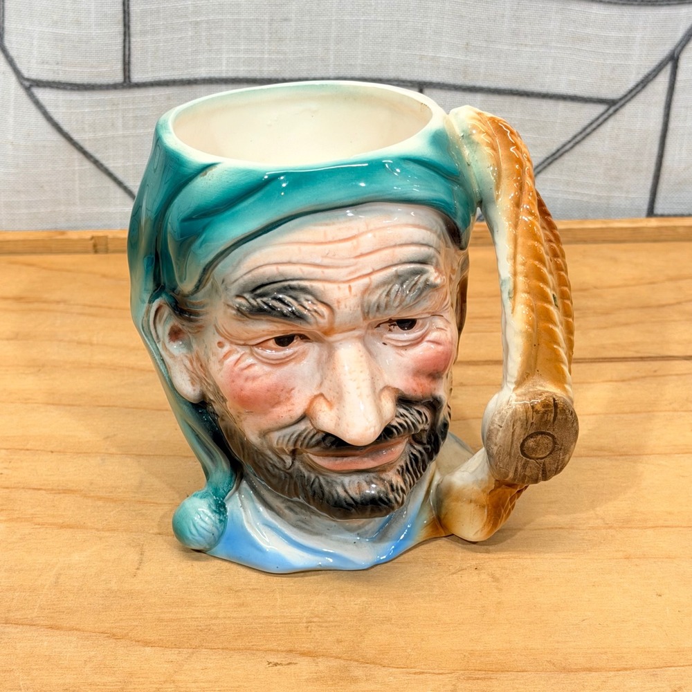 Vintage Ceramic Character Toby Mug Japan Man‎ in Teal Nightcap Braided Handle